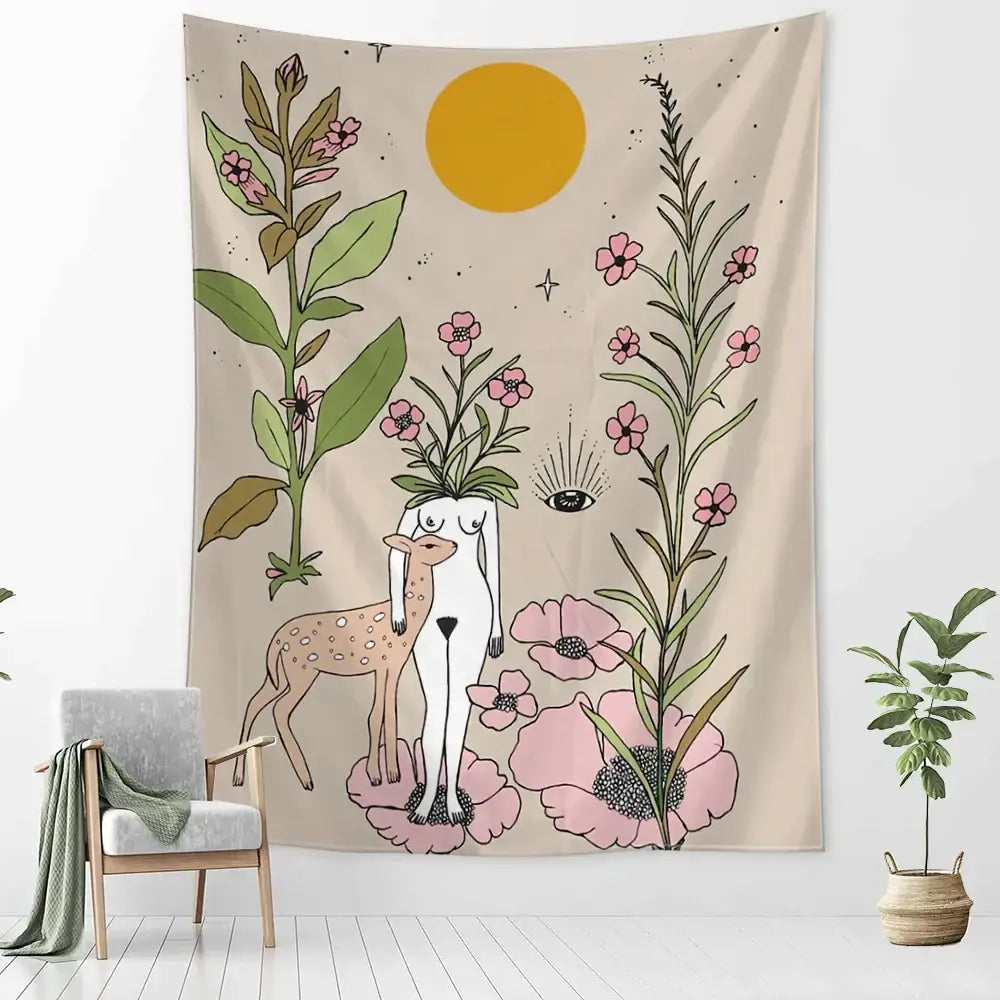 Botanical girl tarot astrology tapestry bedroom wall decor beige