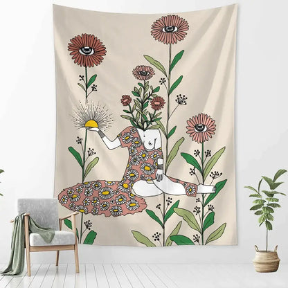 Botanical girl tarot astrology tapestry bedroom wall decor beige