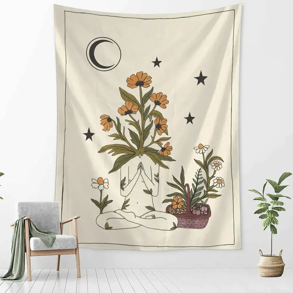 Botanical girl tarot astrology tapestry bedroom wall decor beige