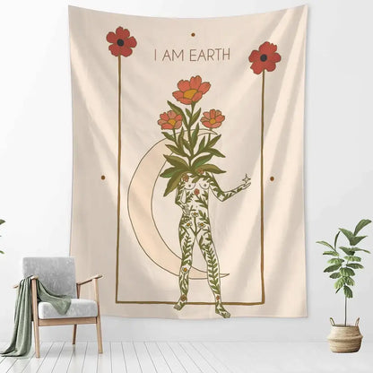 Botanical girl tarot astrology tapestry bedroom wall decor beige