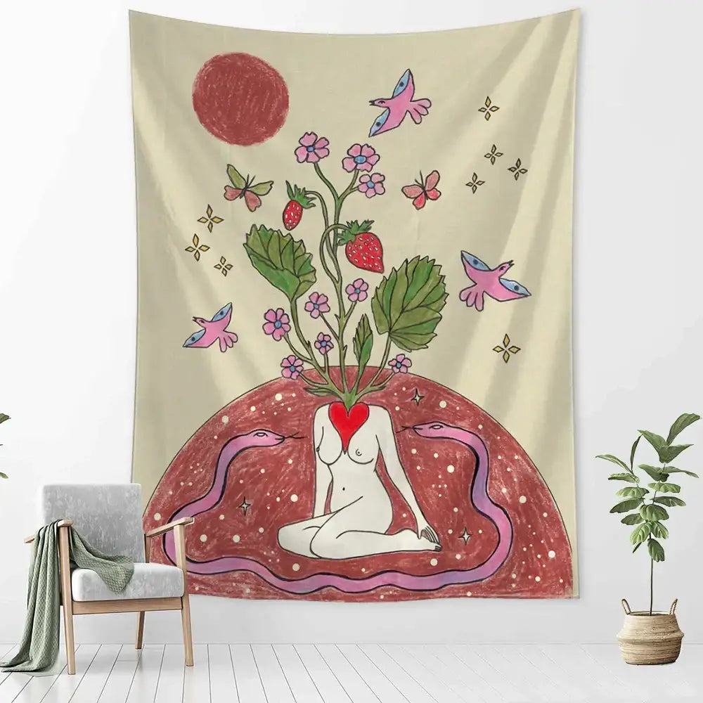 Botanical girl tarot astrology tapestry bedroom wall decor beige
