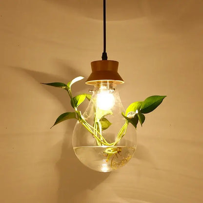 Botanical glass bottle pendant light kitchen clear wood accents