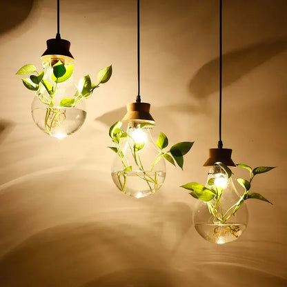 Botanical glass bottle pendant light kitchen clear wood accents