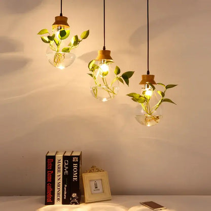 Botanical glass bottle pendant light kitchen clear wood accents