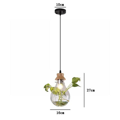 Botanical glass bottle pendant light kitchen clear wood accents