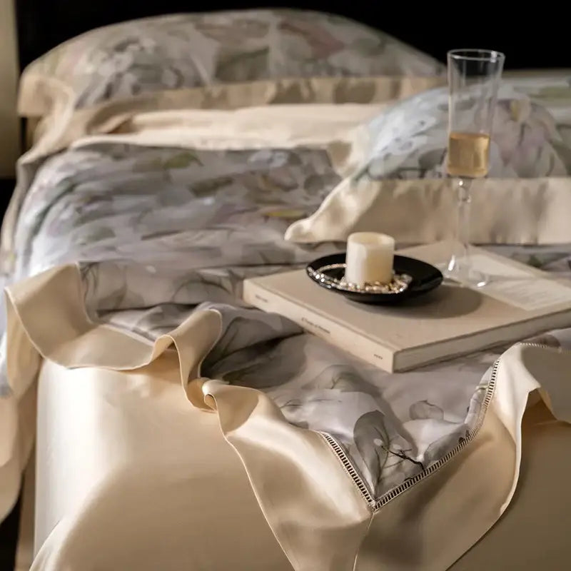 Botanical ivory eucalyptus fiber flowers quilt set bedroom bedspread