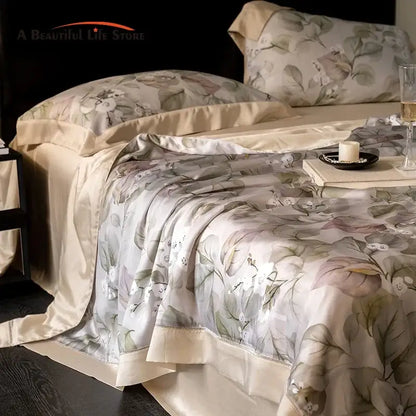 Botanical ivory eucalyptus fiber flowers quilt set bedroom bedspread
