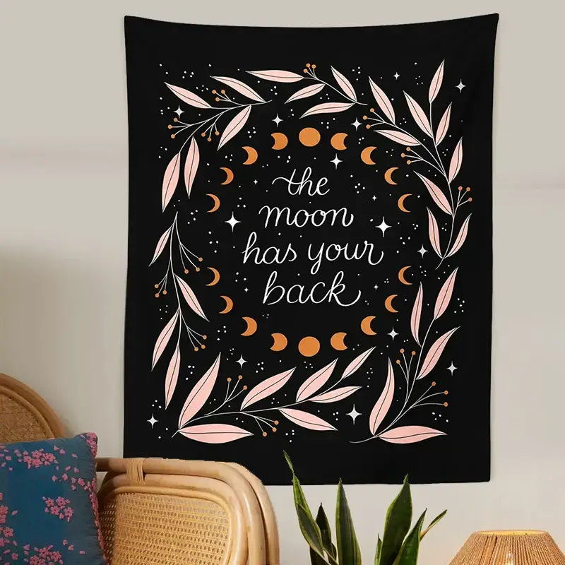 Botanical olive leaf moon phase black tapestry bedroom wall decor