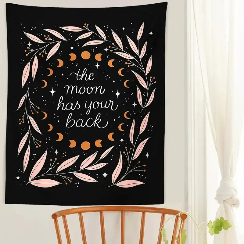 Botanical olive leaf moon phase black tapestry bedroom wall decor