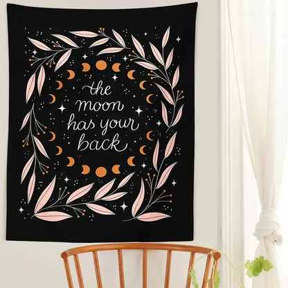 Botanical olive leaf moon phase black tapestry bedroom wall decor