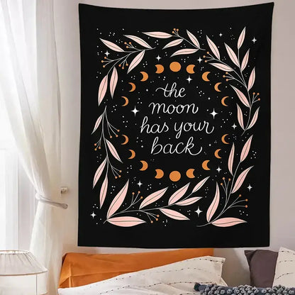 Botanical olive leaf moon phase black tapestry bedroom wall decor