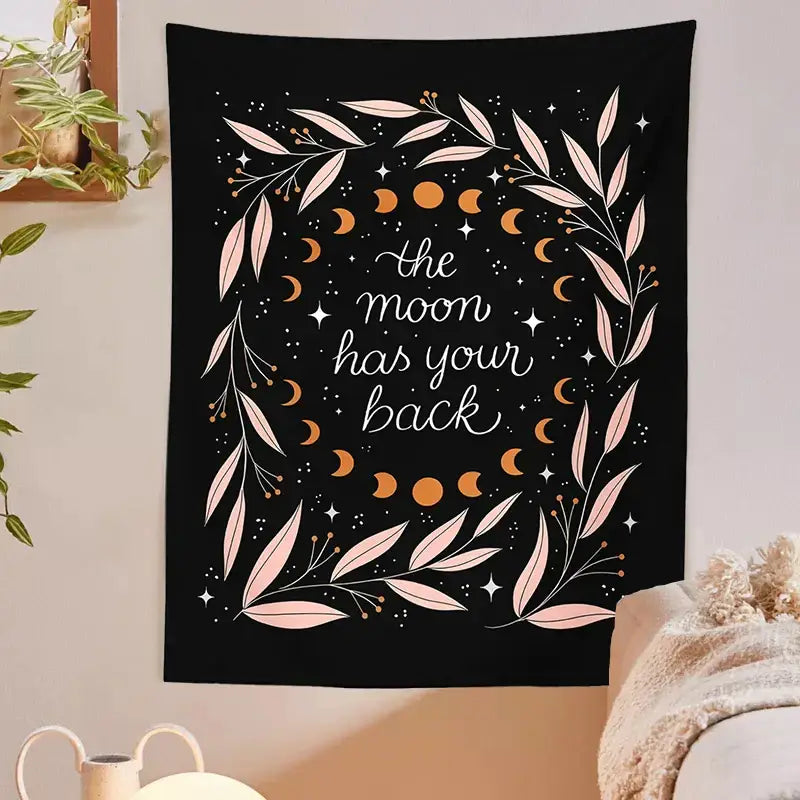 Botanical olive leaf moon phase black tapestry bedroom wall decor