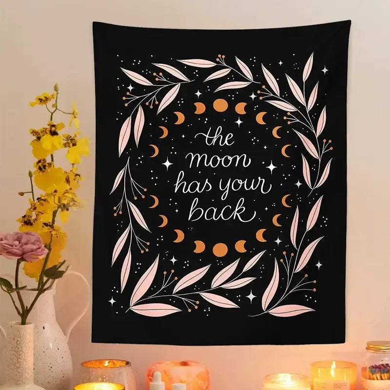 Botanical olive leaf moon phase black tapestry bedroom wall decor