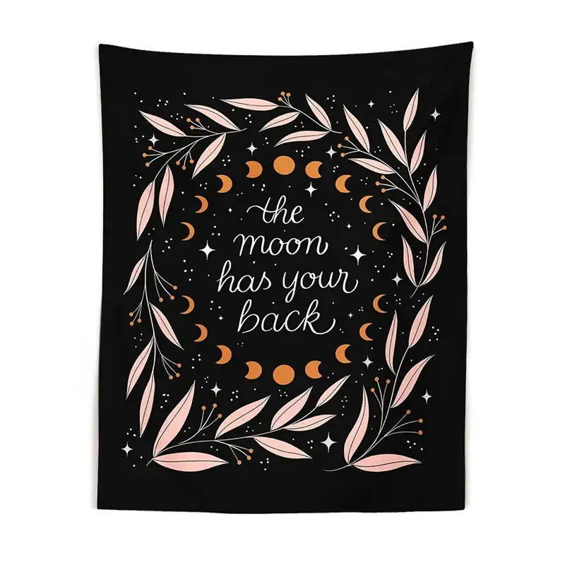 Botanical olive leaf moon phase black tapestry bedroom wall decor