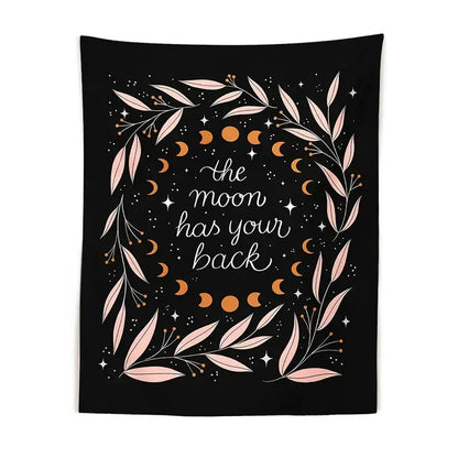Botanical olive leaf moon phase black tapestry bedroom wall decor