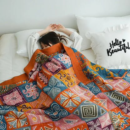 Botanical orange & blue cotton gauze blanket bedspread bedroom set