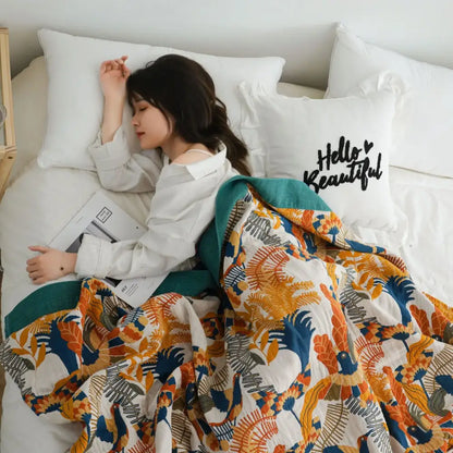 Botanical orange & blue cotton gauze blanket bedspread bedroom set