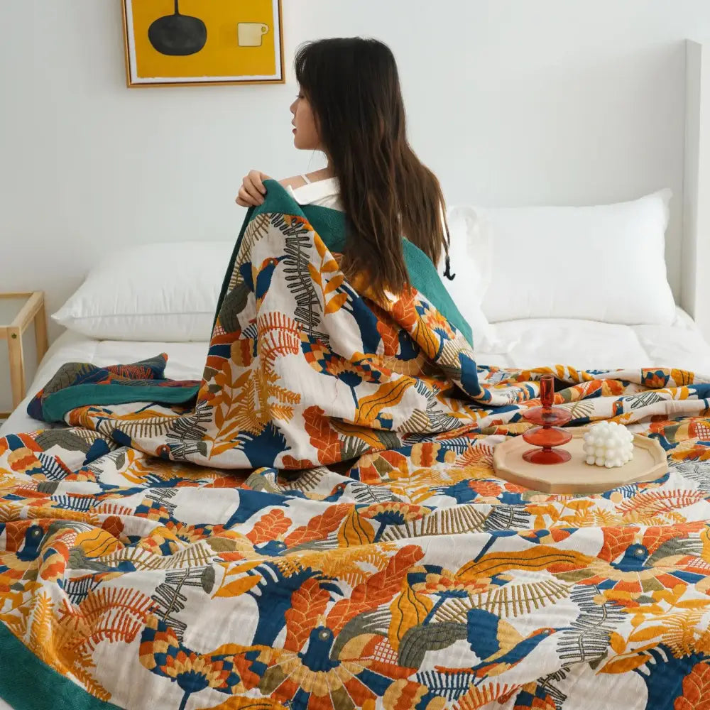 Botanical orange & blue cotton gauze blanket bedspread bedroom set