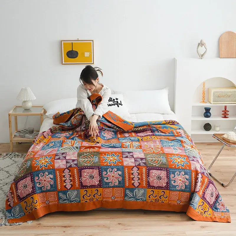 Botanical orange & blue cotton gauze blanket bedspread bedroom set