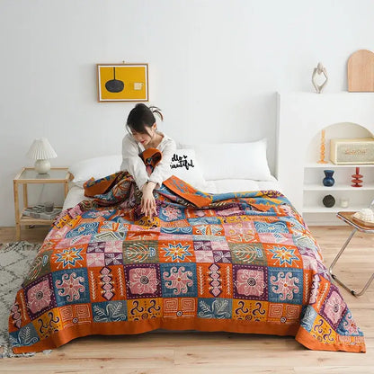Botanical orange & blue cotton gauze blanket bedspread bedroom set