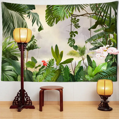 Botanical palm leaf green tapestry tropical living room wall art