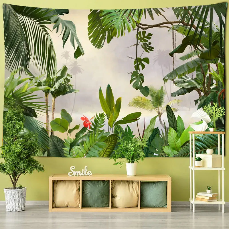 Botanical palm leaf green tapestry tropical living room wall art