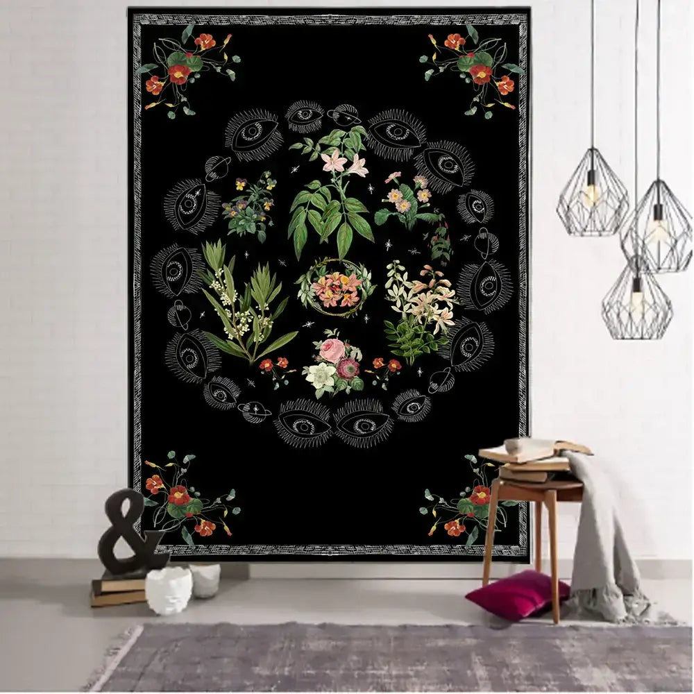 Botanical sketch tapestry wall hanging gray floral bedroom decor