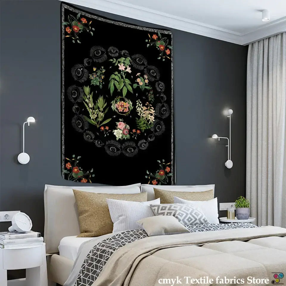Botanical sketch tapestry wall hanging gray floral bedroom decor