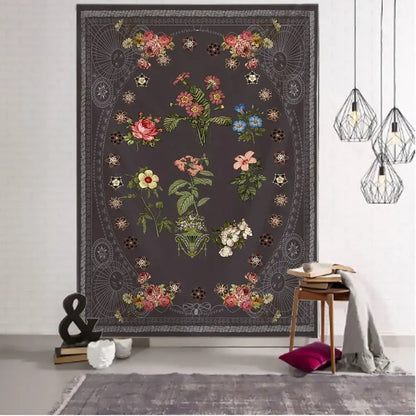 Botanical sketch tapestry wall hanging gray floral bedroom decor