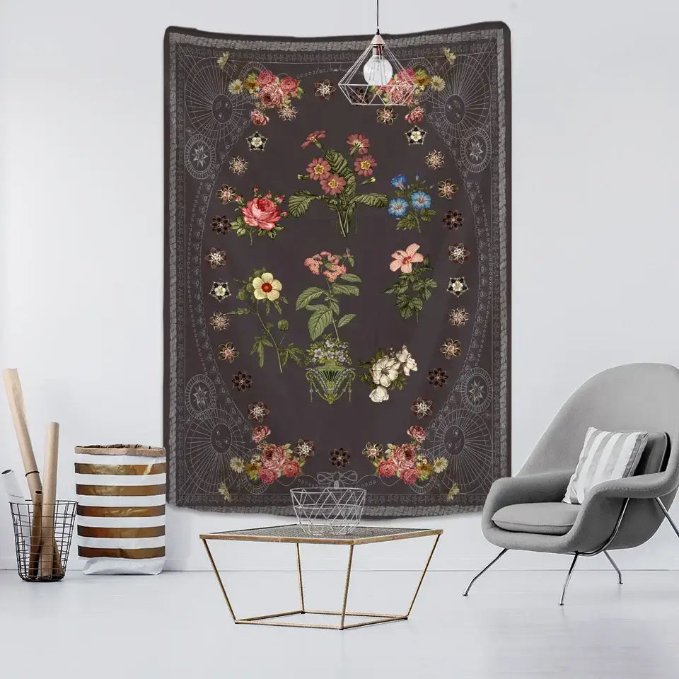 Botanical sketch tapestry wall hanging gray floral bedroom decor