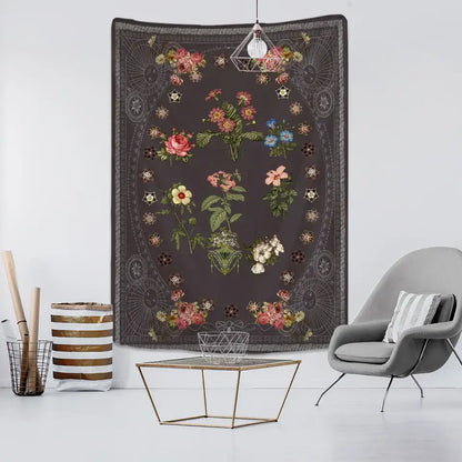 Botanical sketch tapestry wall hanging gray floral bedroom decor