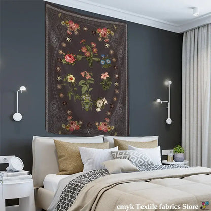 Botanical sketch tapestry wall hanging gray floral bedroom decor