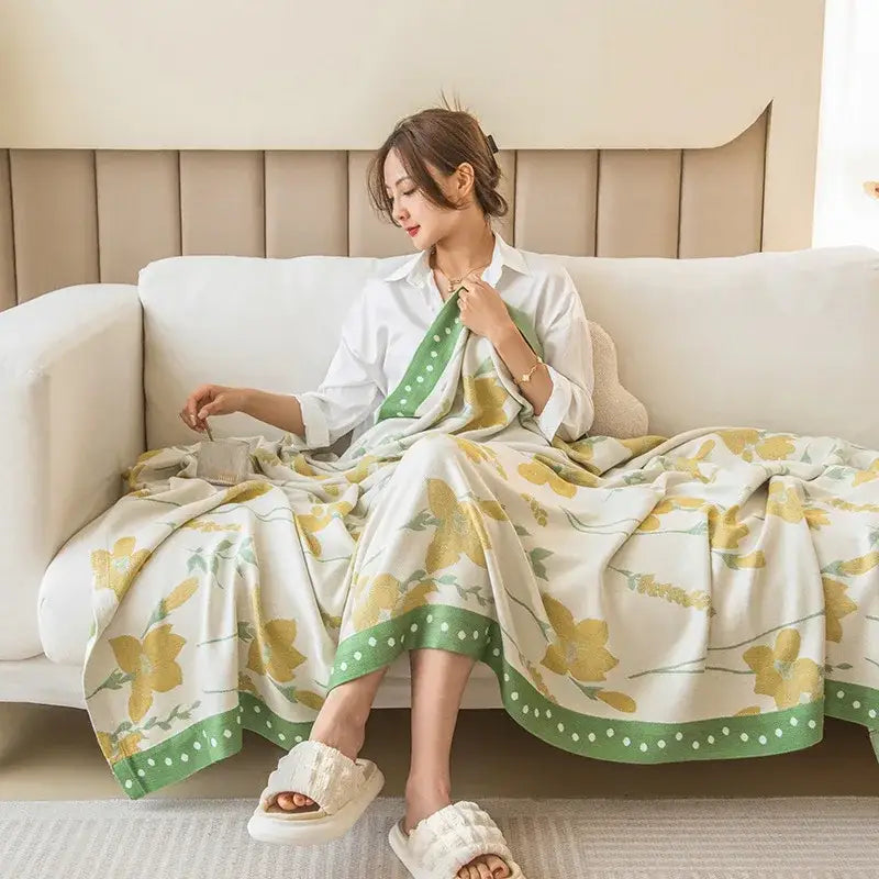 Botanical white & gray bamboo four layer summer quilt bedroom blanket