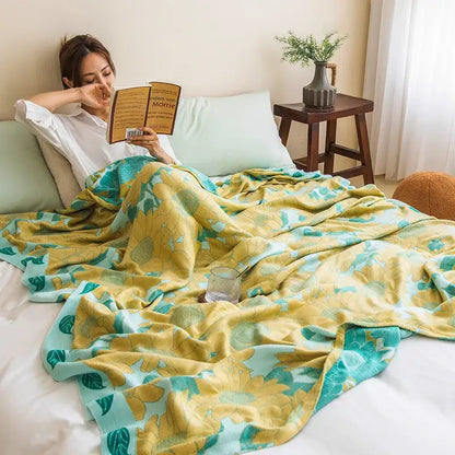 Botanical white & gray bamboo four layer summer quilt bedroom blanket