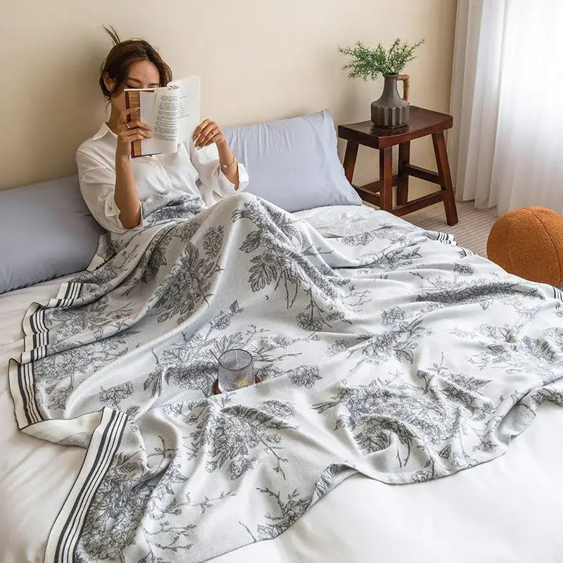 Botanical white & gray bamboo four layer summer quilt bedroom blanket