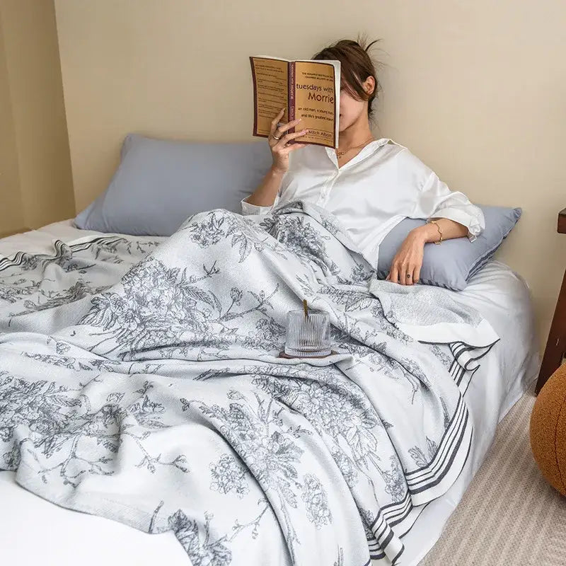 Botanical white & gray bamboo four layer summer quilt bedroom blanket