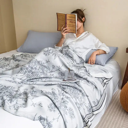 Botanical white & gray bamboo four layer summer quilt bedroom blanket