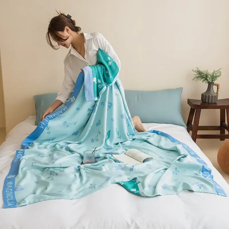 Botanical white & gray bamboo four layer summer quilt bedroom blanket