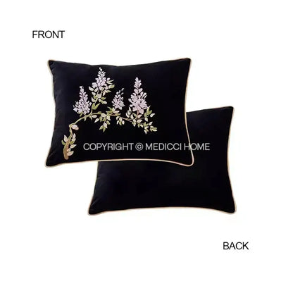 Botanical wisteria embroidered black velvet cushion cover bedroom