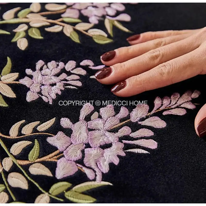 Botanical wisteria embroidered black velvet cushion cover bedroom