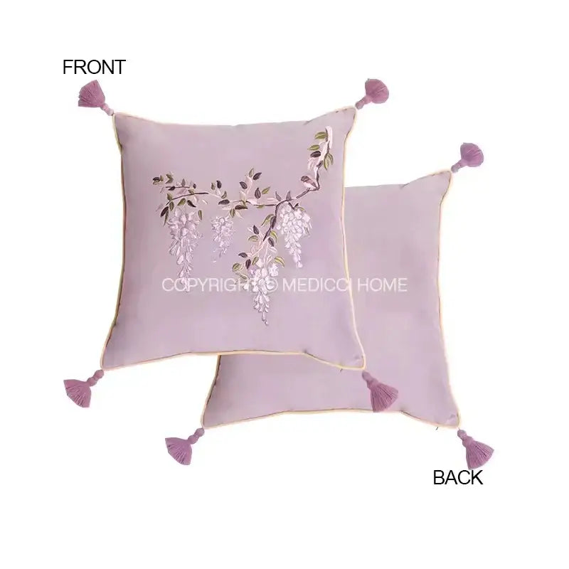 Botanical wisteria embroidered black velvet cushion cover bedroom