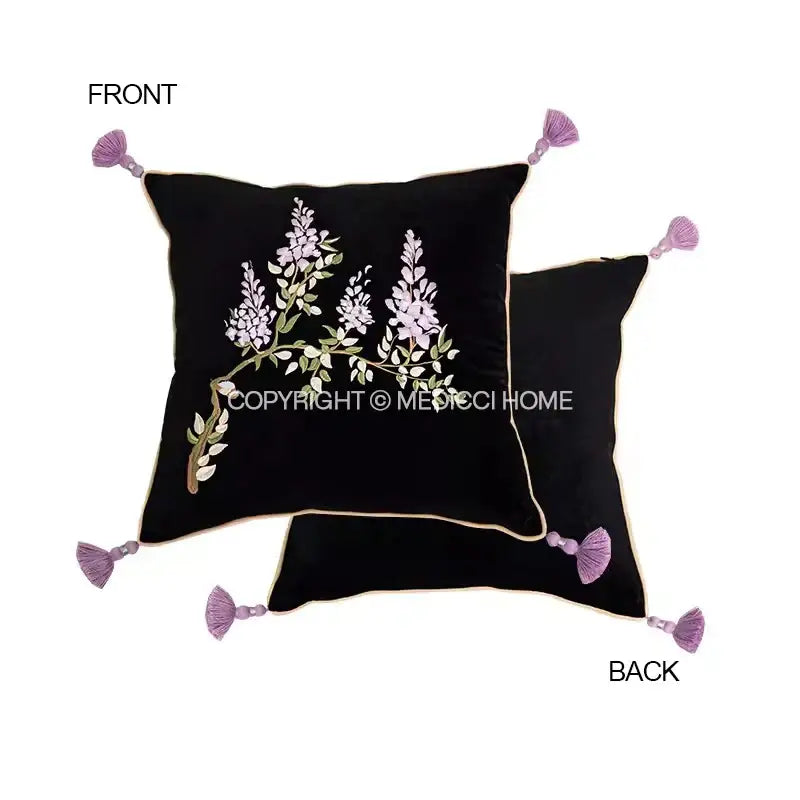 Botanical wisteria embroidered black velvet cushion cover bedroom