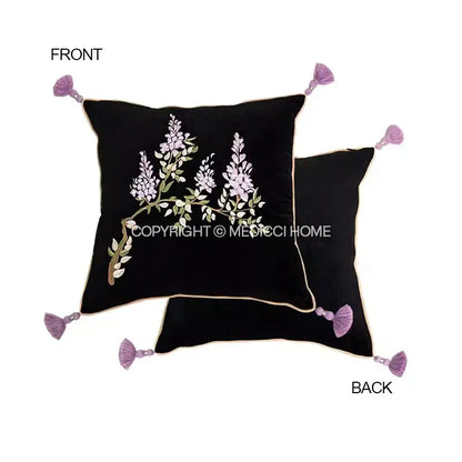 Botanical wisteria embroidered black velvet cushion cover bedroom
