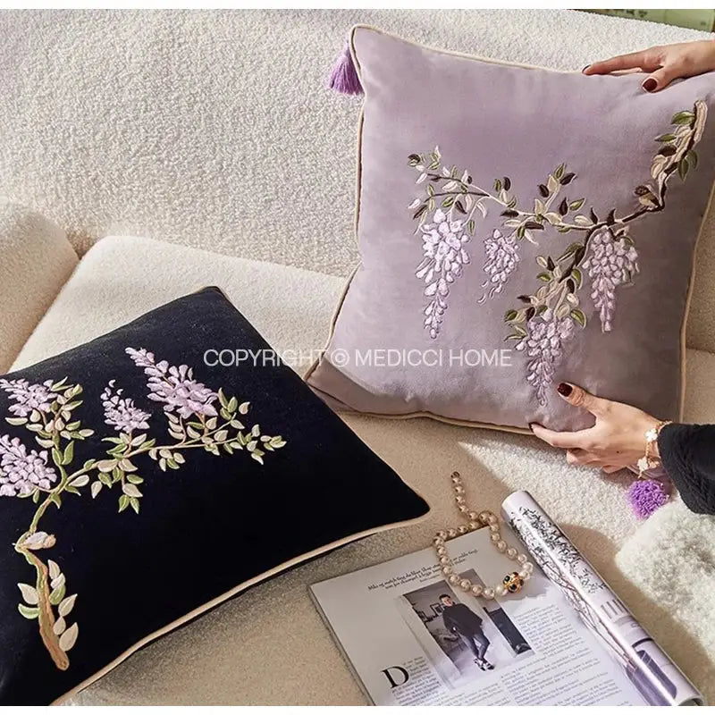 Botanical wisteria embroidered black velvet cushion cover bedroom