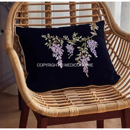 Botanical wisteria embroidered black velvet cushion cover bedroom