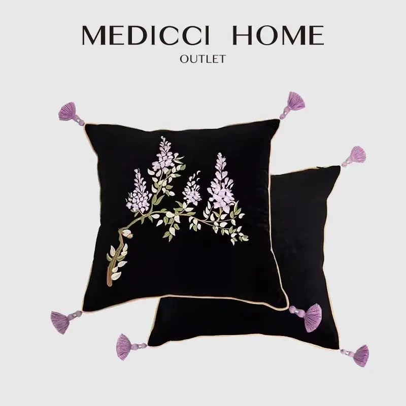 Botanical wisteria embroidered black velvet cushion cover bedroom