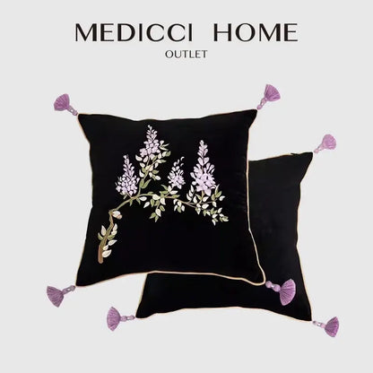 Botanical wisteria embroidered black velvet cushion cover bedroom