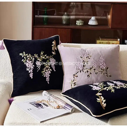 Botanical wisteria embroidered black velvet cushion cover bedroom