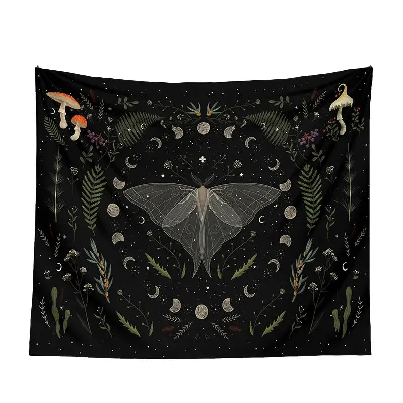 Botanical witchy tapestry black and cream mushroom bedroom wall decor