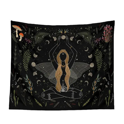 Botanical witchy tapestry black and cream mushroom bedroom wall decor